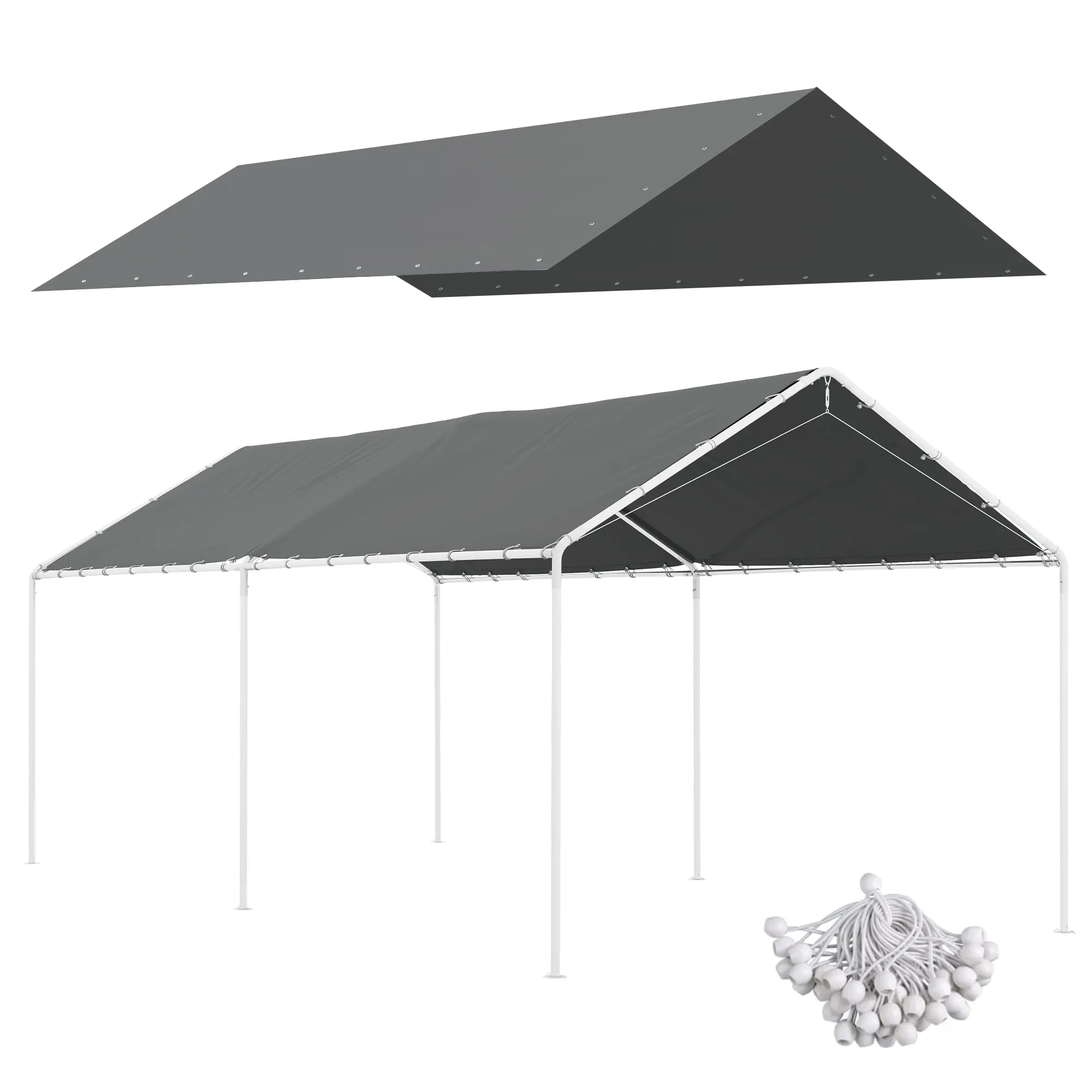 Outsunny 10'x20' Carport Replacement Top Canopy Cover - Durable Polyethylene Covering with UV Protection, Water Resistance, Snug Fit, Ball Bungee Cords for Portable Garage Tents