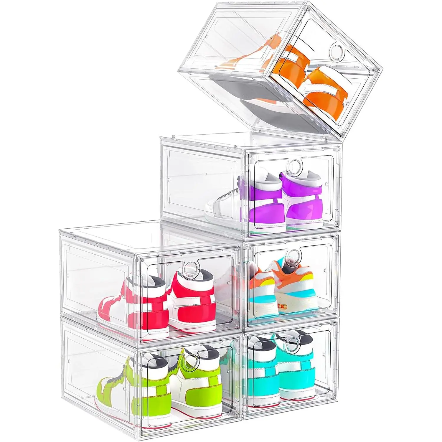 6-Pack Clear Shoe Boxes Stackable| Harder, Stackable-saving, Fits Sneakers & Boots, Clear Front Door