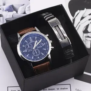 Geneva Watch - Blue Dial Chronograph with Brown Leather Strap and Silver Bracelet - Elegant Men's Timepiece