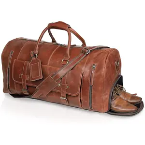 Men's 28-Inch Handmade Distressed Full-Grained Buffalo Leather Duffle Bag - Luggage with Metal Accents, Shoe Pouch, Zip Closures, for Overnight Weekend, Airplane Cabin Travel, Men's Accessories