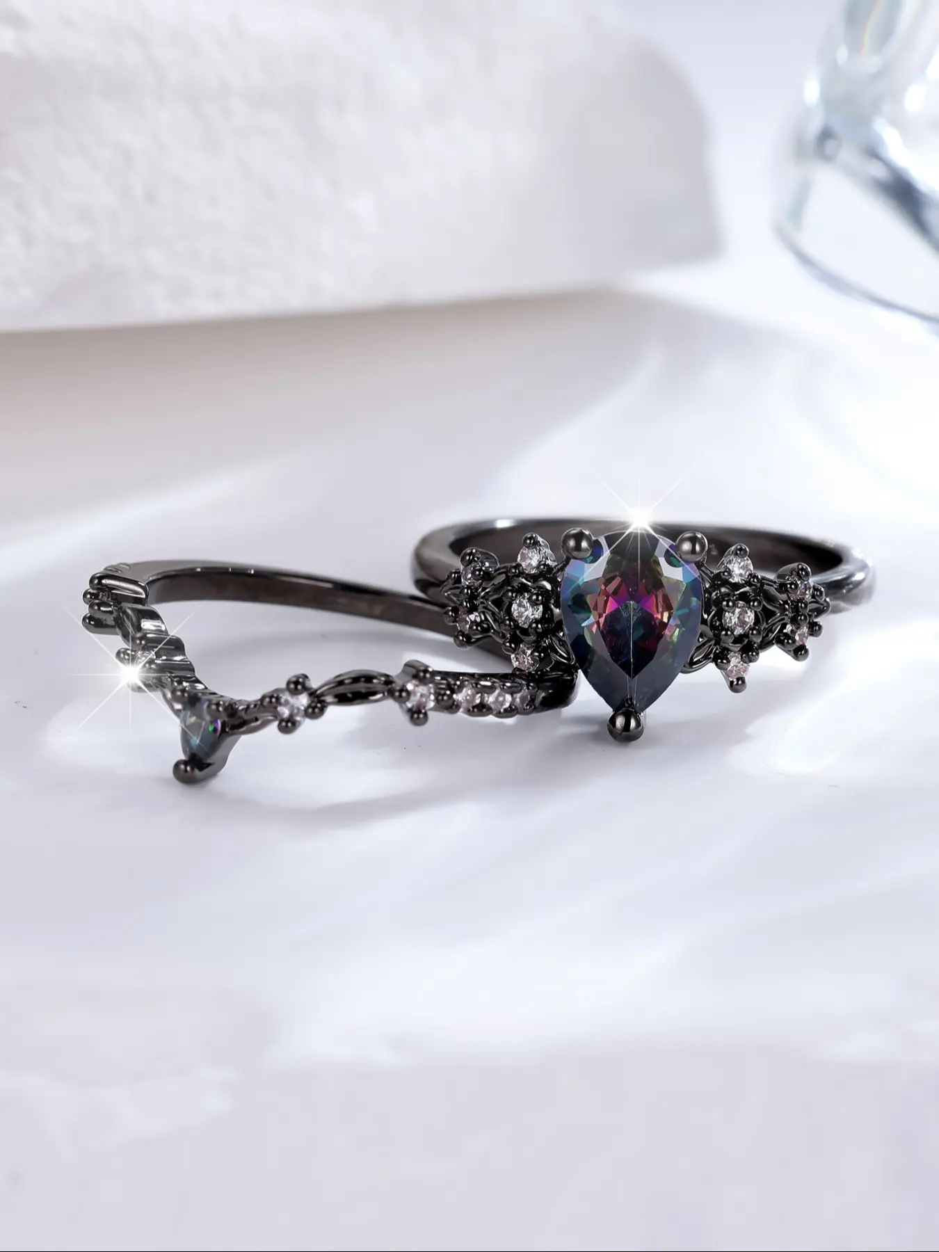 Gothic Style Colorful Water Drop Cubic Zirconia Vine Women's Ring Set, Stunning Ring Set, Artificial Zircon Rings, Beautiful Rings, Halloween Jewelry Gift, Party Accessories, Artificial Gemstone Ring