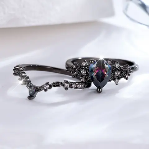 Gothic Style Colorful Water Drop Cubic Zirconia Vine Women's Ring Set, Stunning Ring Set, Artificial Zircon Rings, Beautiful Rings, Halloween Jewelry Gift, Party Accessories, Artificial Gemstone Ring