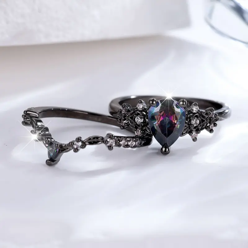 Gothic Style Colorful Water Drop Cubic Zirconia Vine Women's Ring Set, Stunning Ring Set, Artificial Zircon Rings, Beautiful Rings, Halloween Jewelry Gift, Party Accessories, Artificial Gemstone Ring