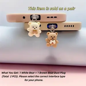 2-Pack Cute Bear Phone Charging Port Dust Plugs, Anti-Dust Cover for iPhone / Type-C Phones, Kawaii Bear Decoration Accessories