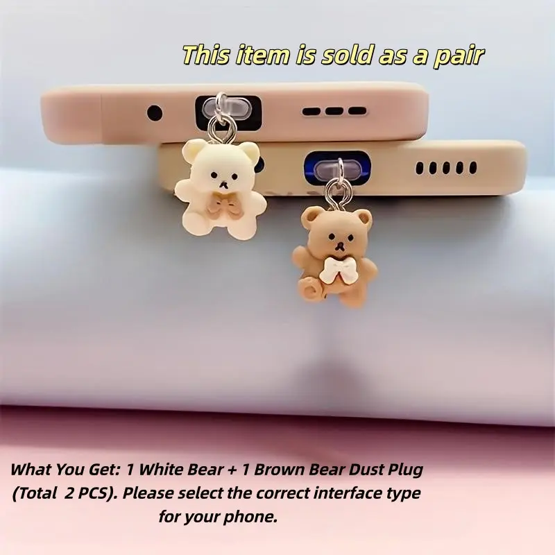 2-Pack Cute Bear Phone Charging Port Dust Plugs, Anti-Dust Protective Cover for iPhone / Type-C Phones, Kawaii Bear Animal Phone Ornament Decoration Accessories
