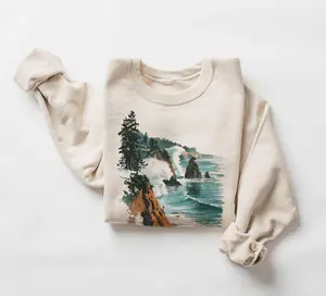 [Sale Up To 50%] Retro Oregon Coast Winter Cliffs & Waves Sweatshirt, Nineties 90s Vintage Vacation Crewneck Sea Coastline, Boho Unisex Crewneck Sweatshirt