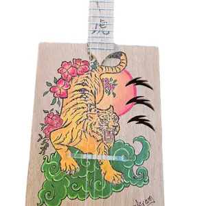 Tiger Theme Cigar Box Ukulele with Tiger Illustration, Featuring Red Flowers and Green Waves