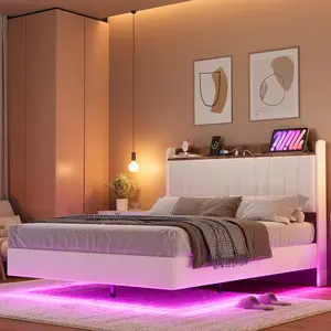 King Size Upholstered Floating Bed Frame with LED Lights, Charging Station, Storage Headboard, Hidden Legs, Wooden Slats Support, No Box Spring Needed, Easy Setup, Floating Look, White, King Size Bed Frames