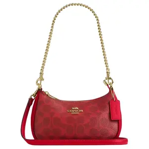 COACH Teri 19 Mini Signature Coated Canvas Crossbody Bag with Gold Hardware in Bright Red for Women