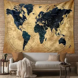 Vintage World Map Tapestry, Wall Hanging Home Decor for Living Room Bedroom Office, Large Size Aesthetic Design Washable Tapestry