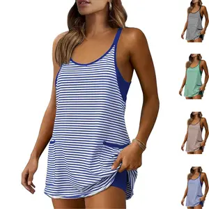 YeeZaa Women's Striped Tennis Dress with Built-in Shorts Sleeveless V Neck Mini Athletic Workout Romper Summer Casual Vacation Outfit