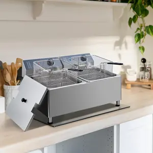 Electric fryer with basket and lid, 11.6-quart countertop adjustable leg fryer, restaurant household stainless steel commercial fryer, 110V 1700W