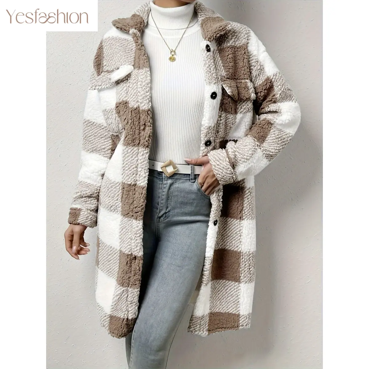 YESFASHION Women's Oversized Plaid Sherpa Fleece Shacket - Long Sleeve, Lapel Collar, Button Down, Buffalo Check, Pockets, Cozy Warm, Khaki Black White Check, Plus Size S-XXL, Fall Winter Outerwear XYZ
