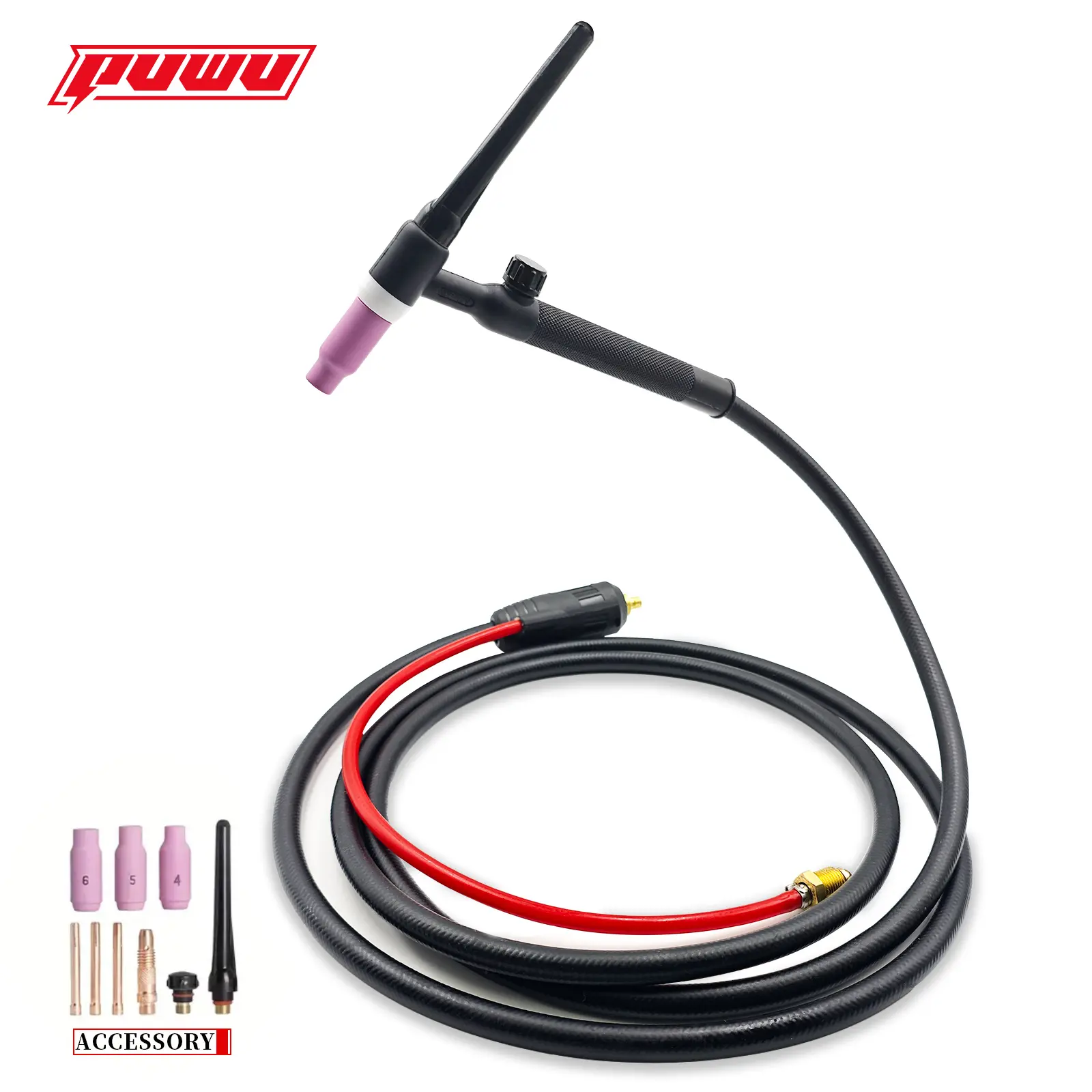 Puwu TIG welding torch kit, equipped with ceramic nozzle and tungsten bracket, 3-meter welding gun and 4-meter gas tube. Suitable for manual welding and MIG models with 10-25 quick connect. Suitable for ARC-135PRO, FLUX-135-PRO, MIG-160 PRO