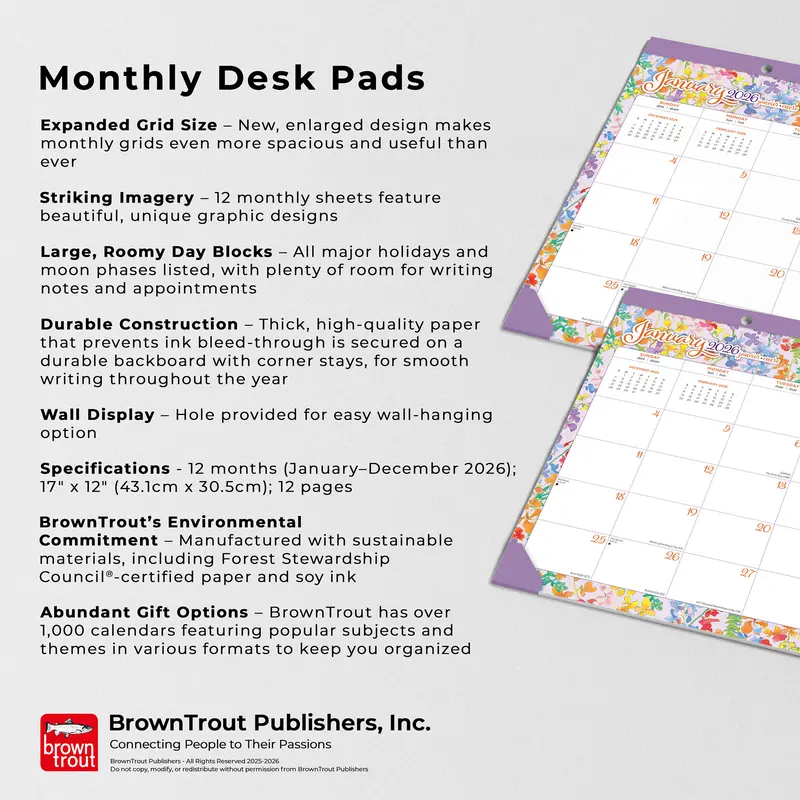 House of Turnowsky OFFICIAL | 2026 17 x 12 Inch Monthly Desk Pad Calendar | BrownTrout | Stationery Elegant Exclusive 4