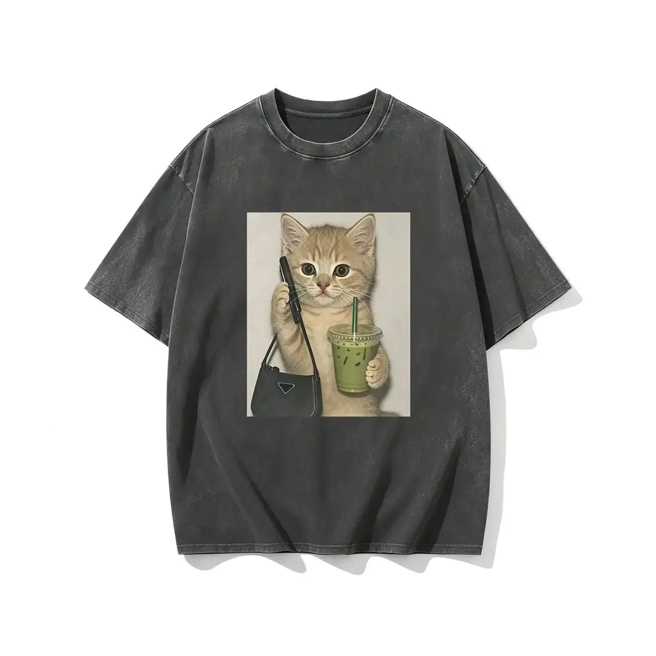 [Free Shipping] Men's 100% Washed Cotton Retro Wrinkle-Resistant Oversized Round Neck Shortsleeve T-Shirt, Vintage Distressed Orange Kitten Meme Graphic, Unisex Streetwear Clothes with Iced Matcha Tea, Handbag, Phone Prints, Fabric PRJ
