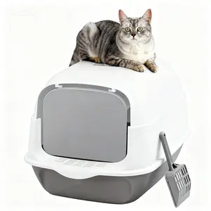Cat Litter Box with Lid, Enclosed Litter Pan with High Side, Litter Scoop and Mat, Anti-Leakage, Odor Control Easy Clean,Grey cat litter box itter box garbage bag cat litter disposal automated litter box easy setup pet waste bag smart sensor