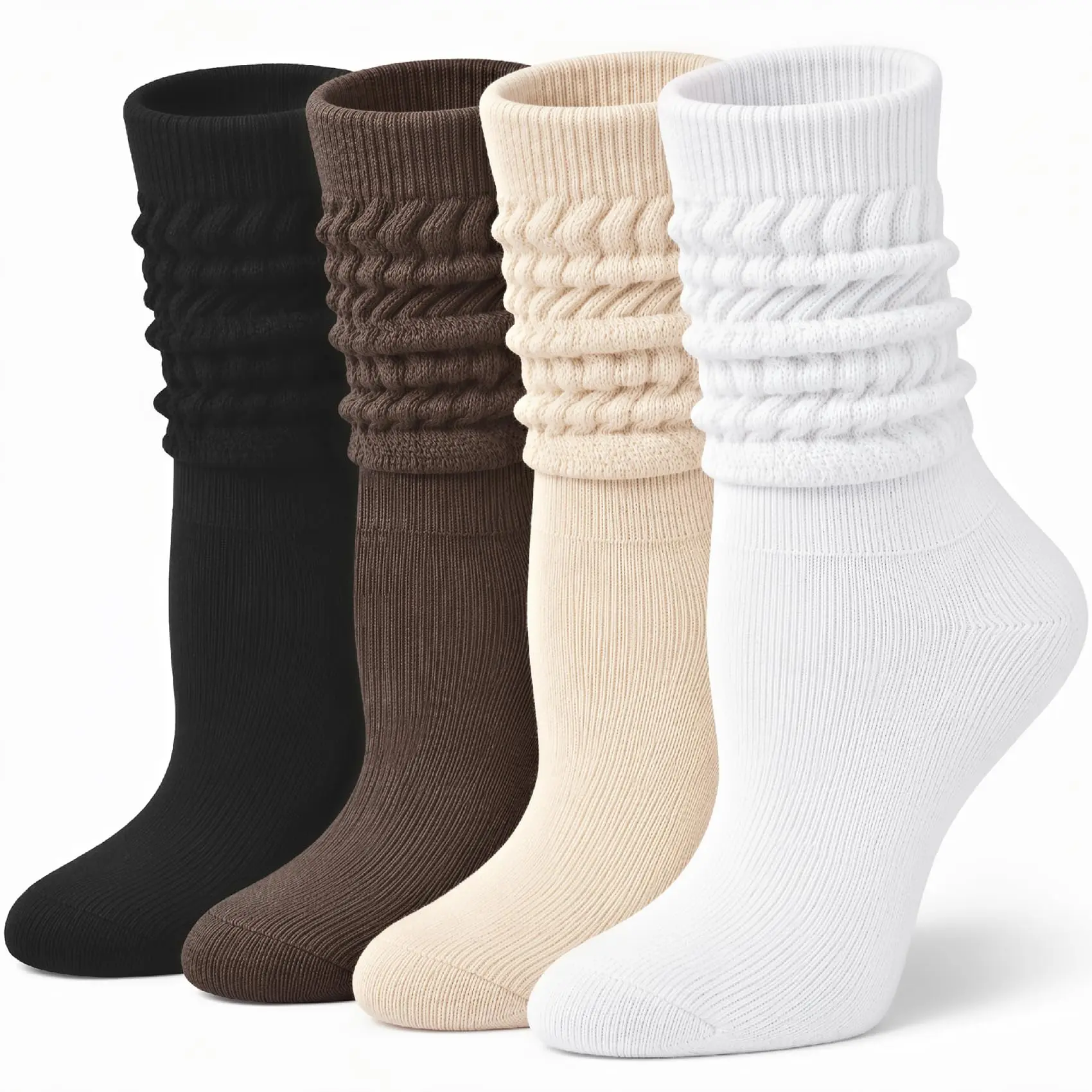 4 Pairs Slouchy Socks for Women, Cotton Slouch Socks Chunky, Scrunch, Crew, Winter, Fall, Warm, Wool, Thick, Long, Boot, Tube, Leg Warmers, Gifts, Casual Daliy Wear