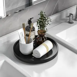 Black Round Decorative Serving Tray, Black Decorative Tray for Coffee Table Centerpieces Modern Farmhouse Home Decorations