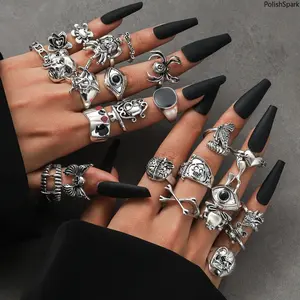 24 Piece Gothic Punk Stackable Ring Set for Women & Men – Vintage Silver Skull Spider Bat Eye Rings, Multi-Size, Y2K Emo Dark Aesthetic Jewelry for Daily & Halloween Wear