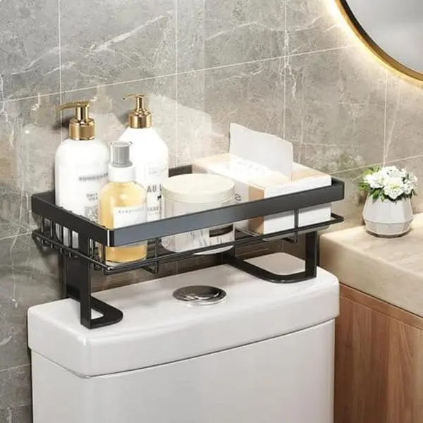 Over The Toilet Storage, 1-Tier Bathroom Organizers and Storage, Over Toilet Bathroom Organizer, No Drilling Storage Shelf, Above Toilet Storage Rack, Back of Toilet Organizer Single Layer Black