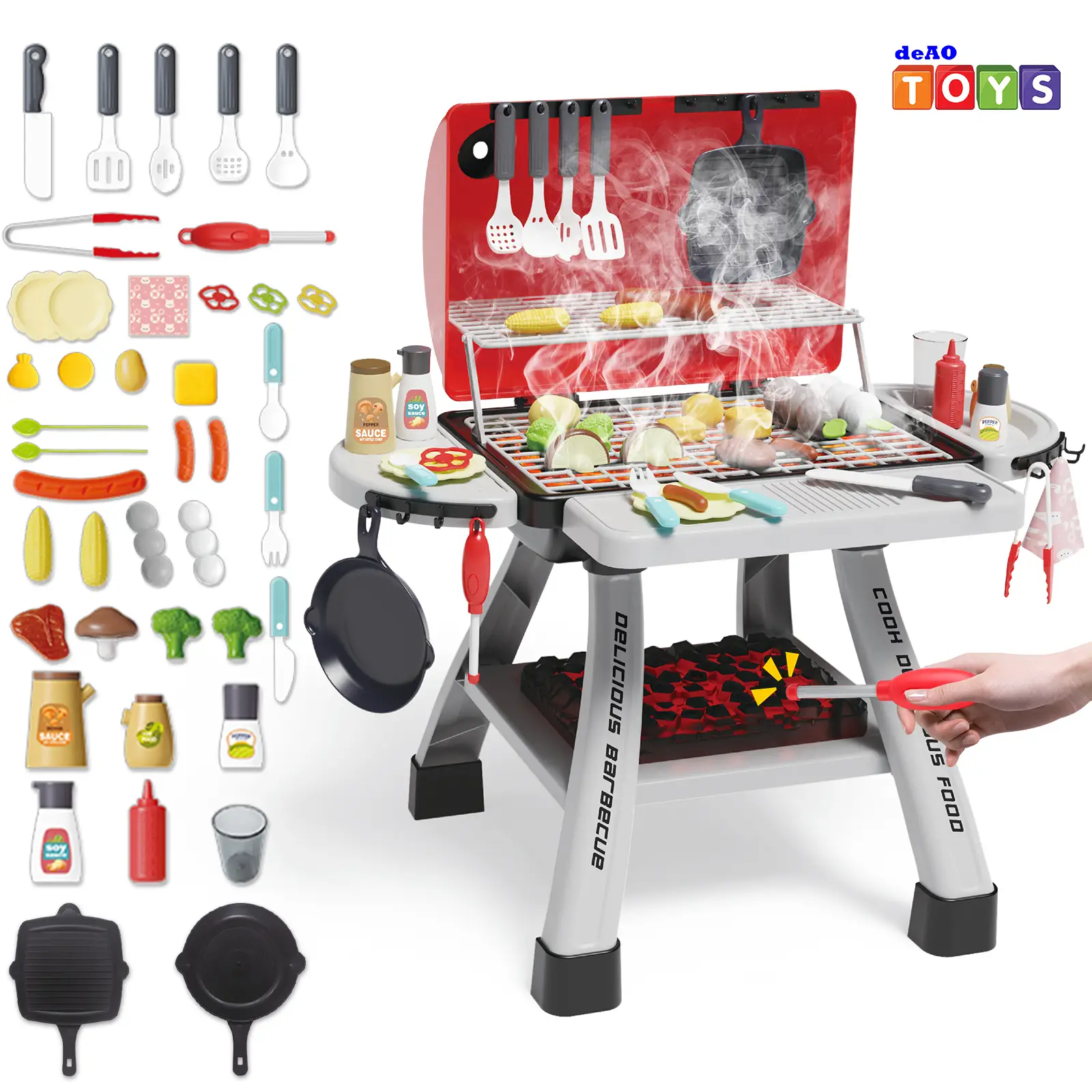 deAO BBQ Grill Playset,23.6" Heigh Kitchen Toy with Realistic Smoke,Light with Toy Grill Toy,41PCS Kitchen Accessories Play Food Toy for Pretend Play