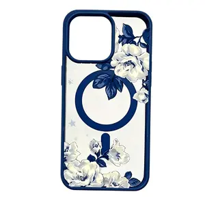 Klein Blue White Rose Magnetic Phone Case for iPhone 17 15 16 14 Pro Max 13 12 11 XR XS Air Plus E Nature's Delight Pattern Non-Yellowing Shockproof Soft Silicone Transparent Acrylic CoverProtection Cellphone Casing Supports Wireless Charging