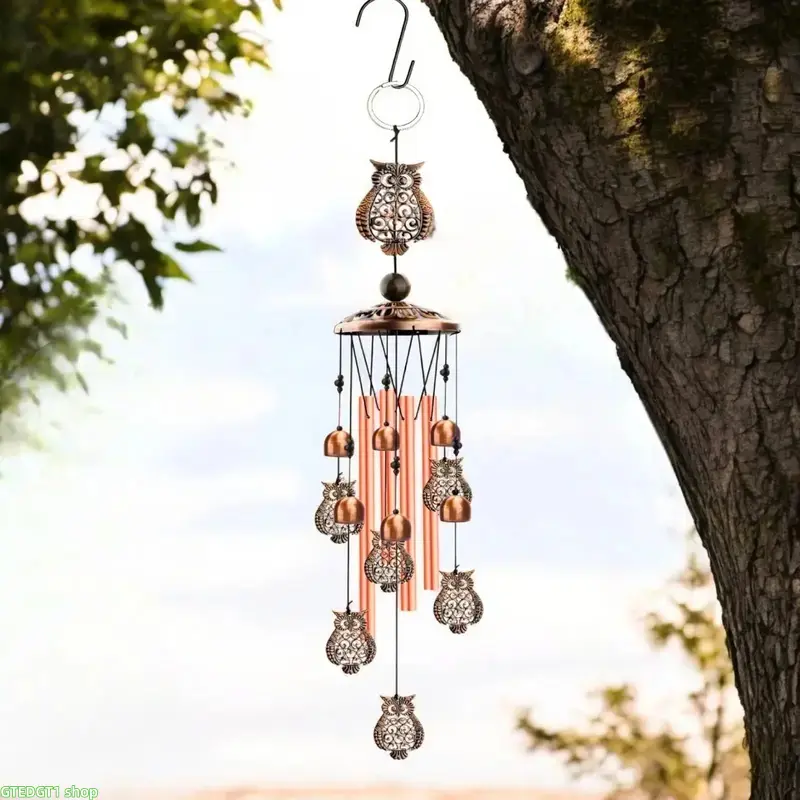 Rustic Hollow Owl Hanging Chime - Aluminum Resonance Tubes, Copper Bells, Stylish Retro Metal Charm, Peaceful Tone Bag Accessory for Outdoor Home Patio Ornament, Holiday Gift