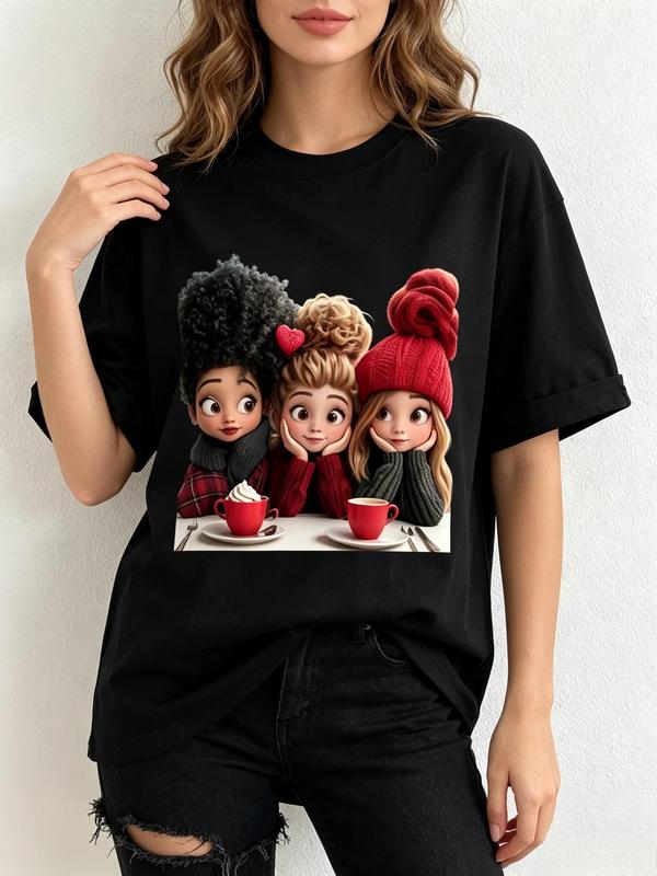 Women's Fitted Cut Pure Cotton Fabric T-Shirt - Crew Neck, Short Sleeve, 3 Girls Coffee Cartoon Playful Prints, Breathable Casual Top, Beach Wear, Cute Gift for Ladies