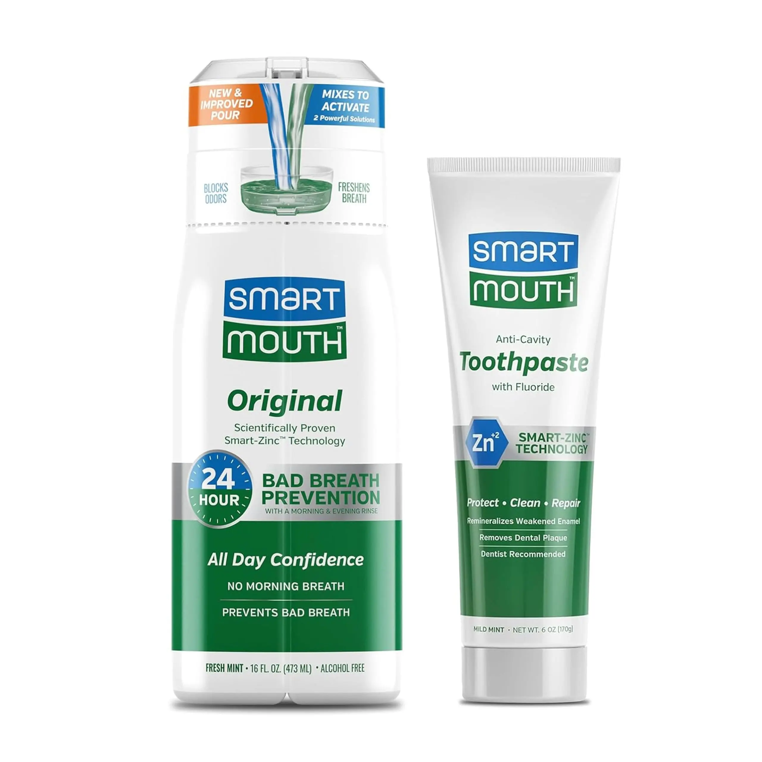 SmartMouth Original Zinc Activated Mouthwash & Anti-Cavity Toothpaste Combo for Fresh Breath - 16 fl oz & 6 oz