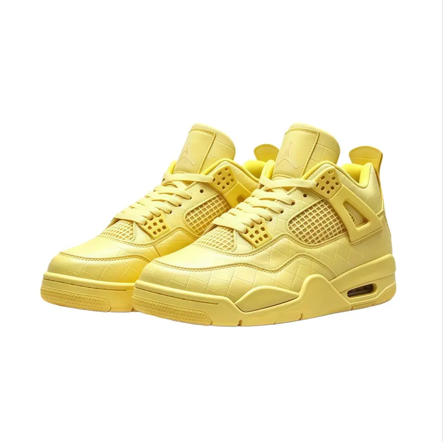 Light Yellow Solid Color Mid Top Basketball Shoes | Unisex | Diamond Quilted Leather Upper | Mesh Breathable Structure | Air Cushion Midsole | Non Slip Wear Resistant Outsole | Trendy Casual Sports Style