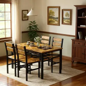 Modern Farmhouse 5-Piece Dining Room Set, Rectangle Particle Board Top Metal Frame Table with 4 Chairs and Storage Rack, Space-Saving Dinette for 4 Small Kitchen Use
