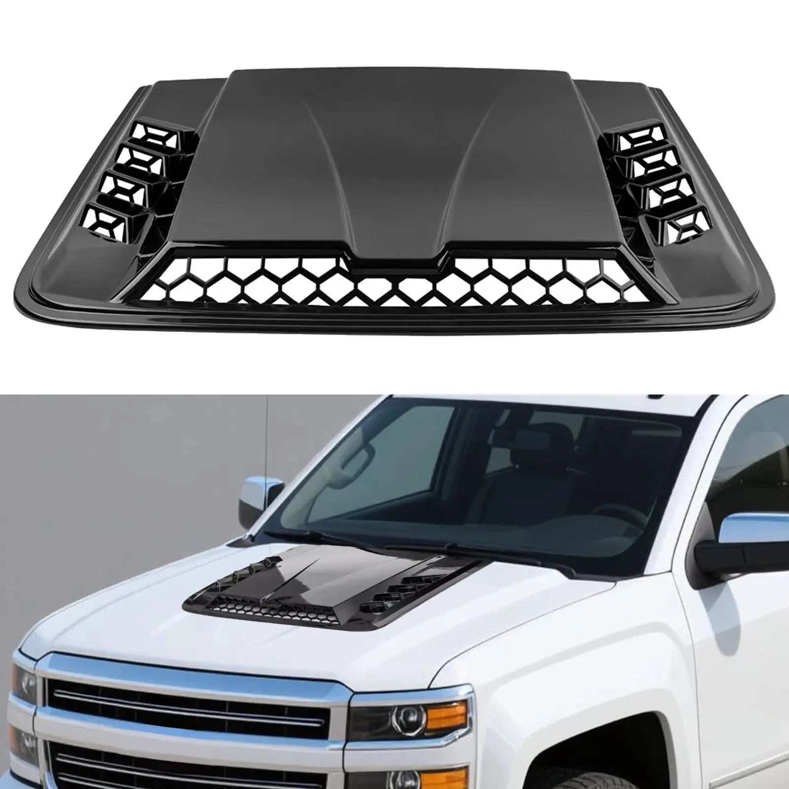 Universal Hood Vent Cover 51×47cm 3D Glossy Black Decorative Hood Scoop Fake Air Intake Durable ABS Self Adhesive Muscle-Inspired Exterior Styling Gift for Cars Suvs & Pickup Trucks