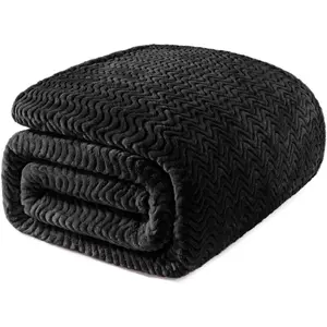 Black Fleece King Size for Bed, Super Blankets with Decorative Wave Textured, Lightweight Plush All Use, 90x104 Inches