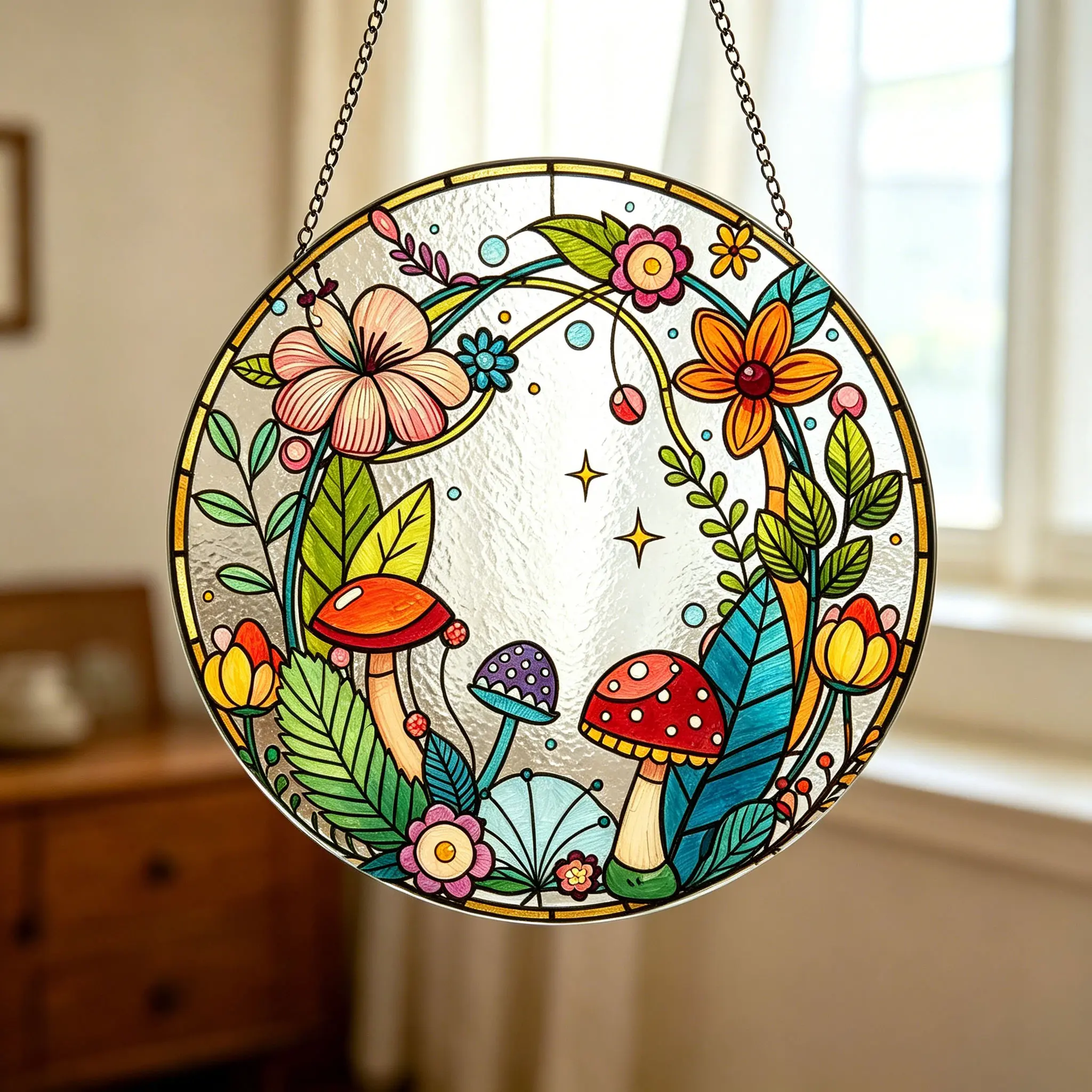 Mushroom Suncatcher, Stained Glass Mushrooms Home Decor, Stained Glass Window Hanging, Plant Lover Gifts for Women, Birthday Gifts for Her Mom Grandma, Idea Gift, Gift Exchange Decor Ornaments Hangable Decoration Personalized Hanging Suncatcher vintage