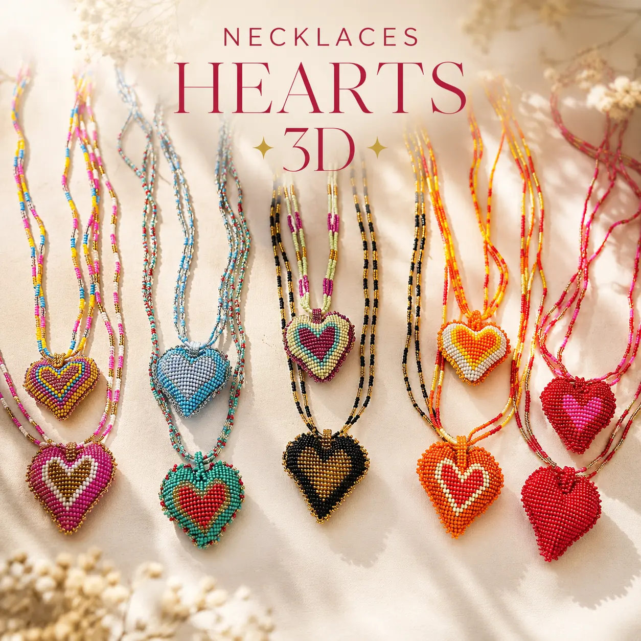Hearts 3D Beaded Necklaces colors  Artisan Boho Jewelry
