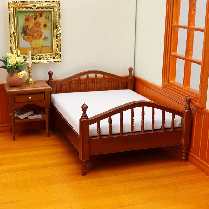1/12 Scale Miniature Dollhouse Bed European Style White Bedding Colorful Durable Furniture for Room Decoration Halloween Thanksgiving Christmas Gift Fine Craftsmanship Doll Collector