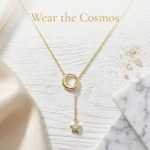 Dainty Gold Moon Star Y Necklace| Adjustable CZ Pendant| Daily Wear Celestial Jewelry