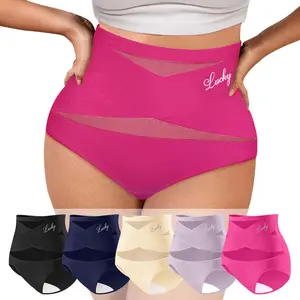 Lucky Brand 5pcs High Waist Letter Print Briefs Supportive Criss Cross Panties Lightweight Breathable Comfort Fit Flattering Everyday Underwear for All Seasons Women's Minimalist Seamless High Stretch