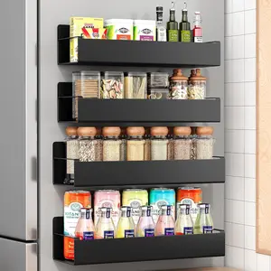 （Metal/Plastic Material）4 Pack Magnetic Spice Storage Rack Organizer for Refrigerator and Oven, Black Fridge Organizers and Storage