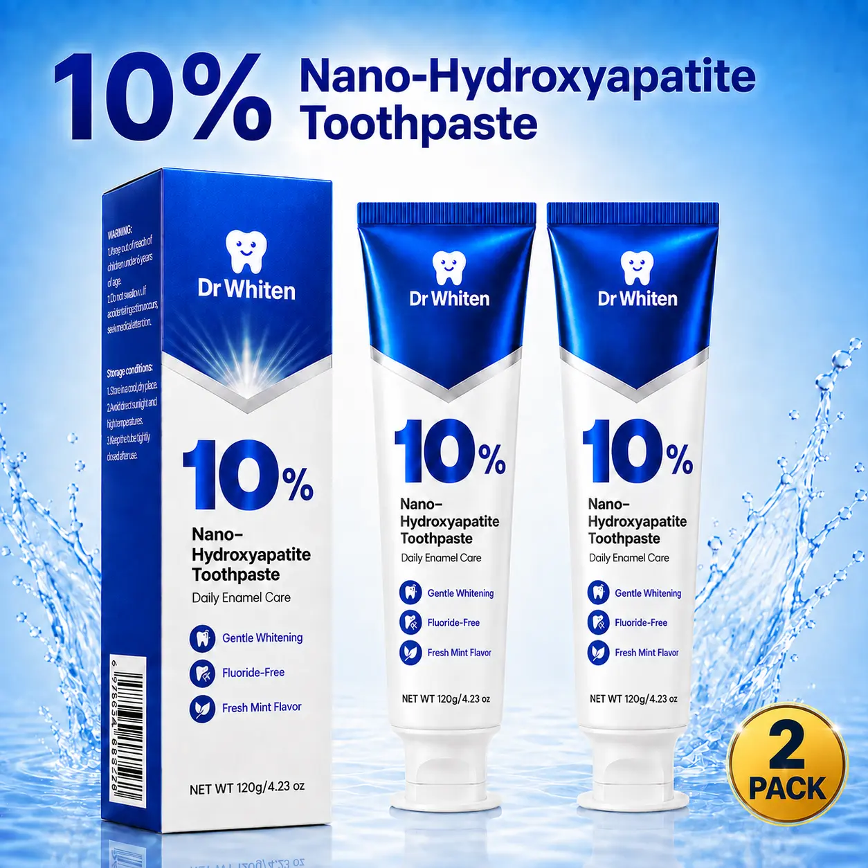 DrWhiten 10% Nano Hydroxyapatite Toothpaste, Fluoride-Free Whitening Toothpaste for Fresh Breath, Gentle Cleaning, Daily Enamel Care & Brighter-Looking Teeth - 4.23 oz