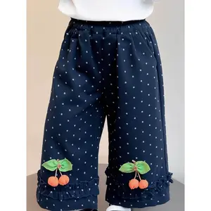 Girls' Dark Blue Polka Dot Cherry Pants with Ruffled Cuffs & Elastic Waist - Cherry Embellished Wide-Leg Trousers for, Parties, Casual Attire - Spring/Fall Casual Outfits (Older Girls, Loose-Fit Non-Stretch Pants), Perfect for Outdoor