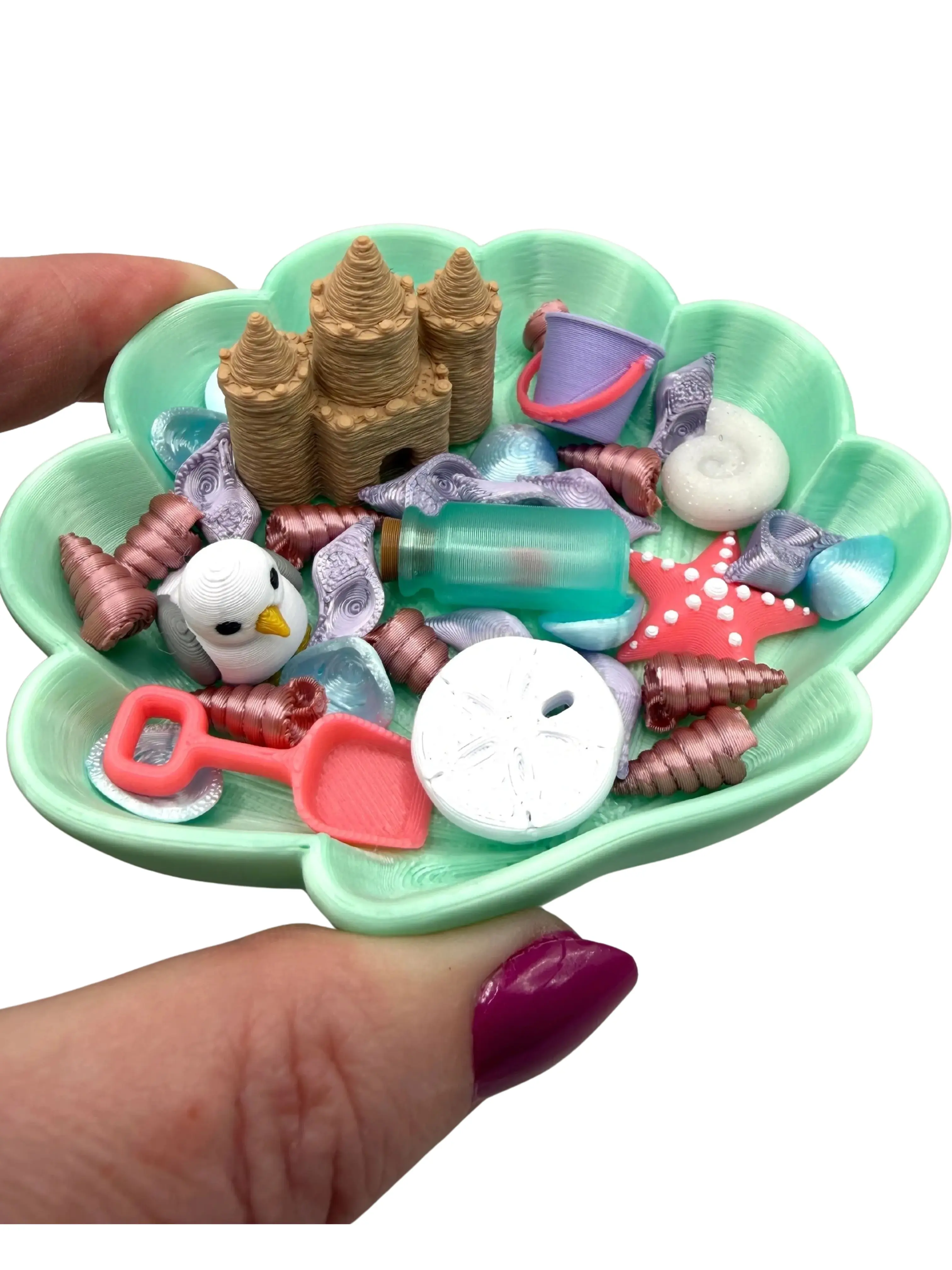 Mini 3D Printed Seashell Fidget Dish with Fillers- sand castle, starfish, message bottle, seashells, sand dollar, seagull, beach decor ASMR Decorative Seasonal Gift