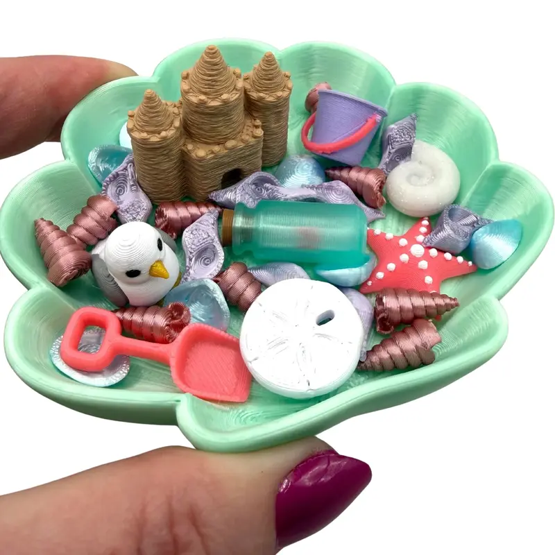 Mini 3D Printed Seashell Fidget Dish with Fillers- sand castle, starfish, message bottle, seashells, sand dollar, seagull, beach decor ASMR Decorative Seasonal Gift