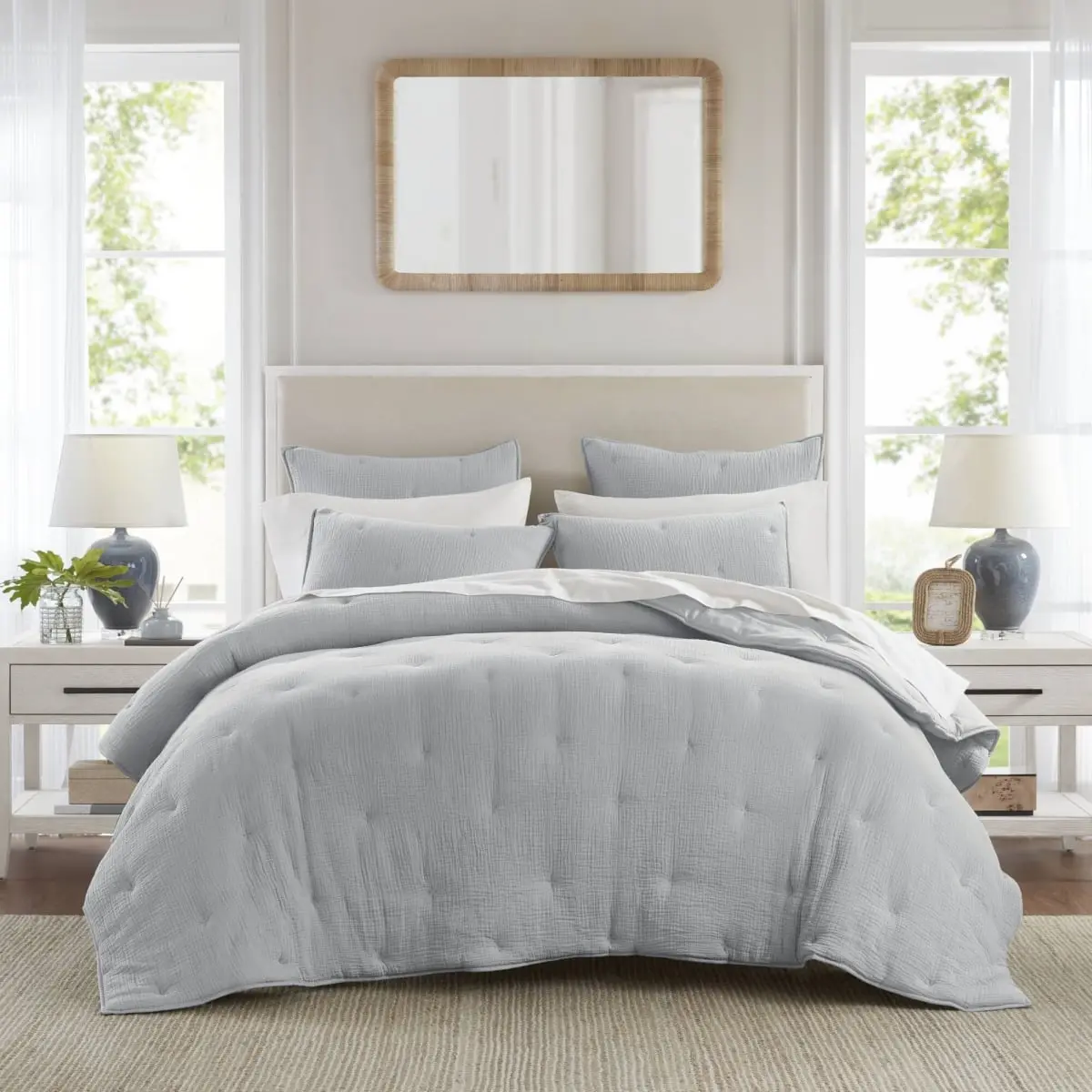 360 stand King Size Crinkled Weave Cotton Gauze Quilt Set, Featuring Embroidery Detail, Year-Round Use, Blue Bedding for King Size Beds HH13-1883, Embroidered Tacking, Decorative Bedding Set, Embroidered Quilt Cover, Textured Bedding Set