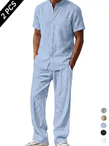 American retro linen-feel short-sleeve top and long pants set; loose wide-leg, comfortable fit; retains shape even after prolonged wear and resists wrinkles; available in multiple colors for versatile styling with a premium look; suitable for summer at ho