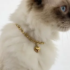 Dog Collar and Cat Chain Necklace Stainless Steel Adjustable Gold Heart-Shaped Necklace for Small Pets Cats Kitten Puppy (Gold, 7 inch)