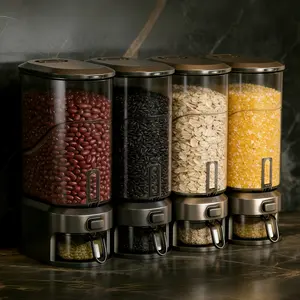 Airtight Rice Dispenser with Measuring Cup, Grade Grain & Cereal Storage Container with Transparent Window, One-Touch Dispensing Bin for Kitchen, Pantry & Countertop Organization, Modern Black