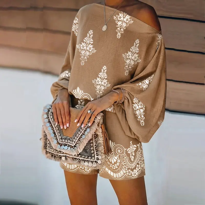 CHICME Women's Vintage Print 2 Pieces Outfit Off-Shoulder Batwing Sleeve Top and High-Waisted Shorts Casual Vacation Set With Pocket