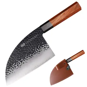 FINDKING 6.5 Inch Serbian Chefs Knife,with Leather Sheath, Heavy Duty Meat Cleaver, Chopping Bone Knife, 9Cr18MoV High Carbon Steel Blade,  African Rosewood Octagonal Handle, Professional Kitchen Knives, Dynasty Series, Cutting for Meat, Chicken Bones